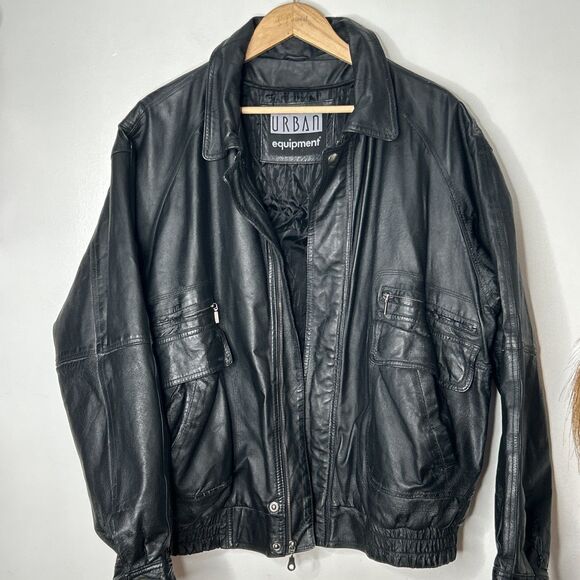 Leather Bomber Jacket XL Urban Equipment Black 1980’s Pit2Pit 27” Length 28”